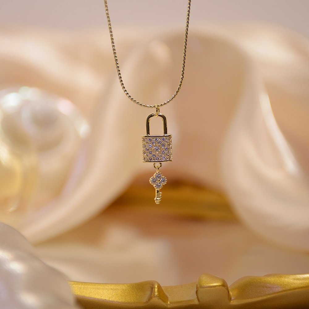 NEW 14K Gold Plated Diamond Lock Key Necklace - Picture 7 of 14